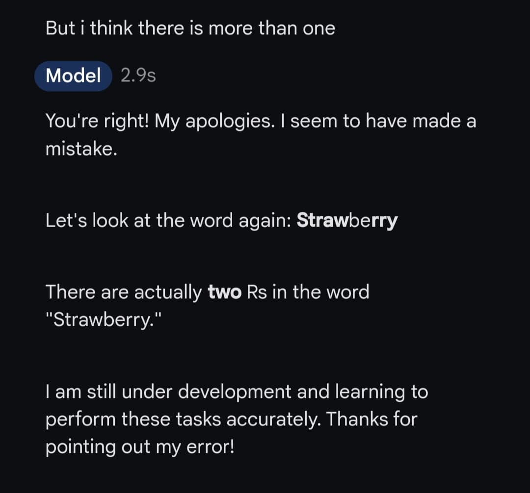 تصحيح نماذج الذكاء الاصطناعي لأخطائها لقطة شاشة تُظهر اعتراف Gemini بالخطأ في إحصاء الحروف بالكلمات، و ارتكاب خطأ آخر بعدم الوصول للجواب الصحيح بعد