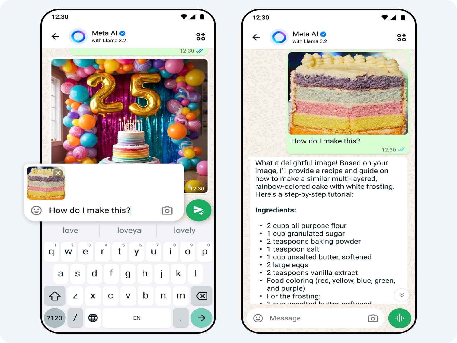 Meta AI, Llama 3.2, بحث بصري, وصفات طبخ. لقطة شاشة تُظهر كيف يُمكن لـ Meta AI تحليل صورة كعكة قوس قزح و تقديم وصفة لتحضيرها.