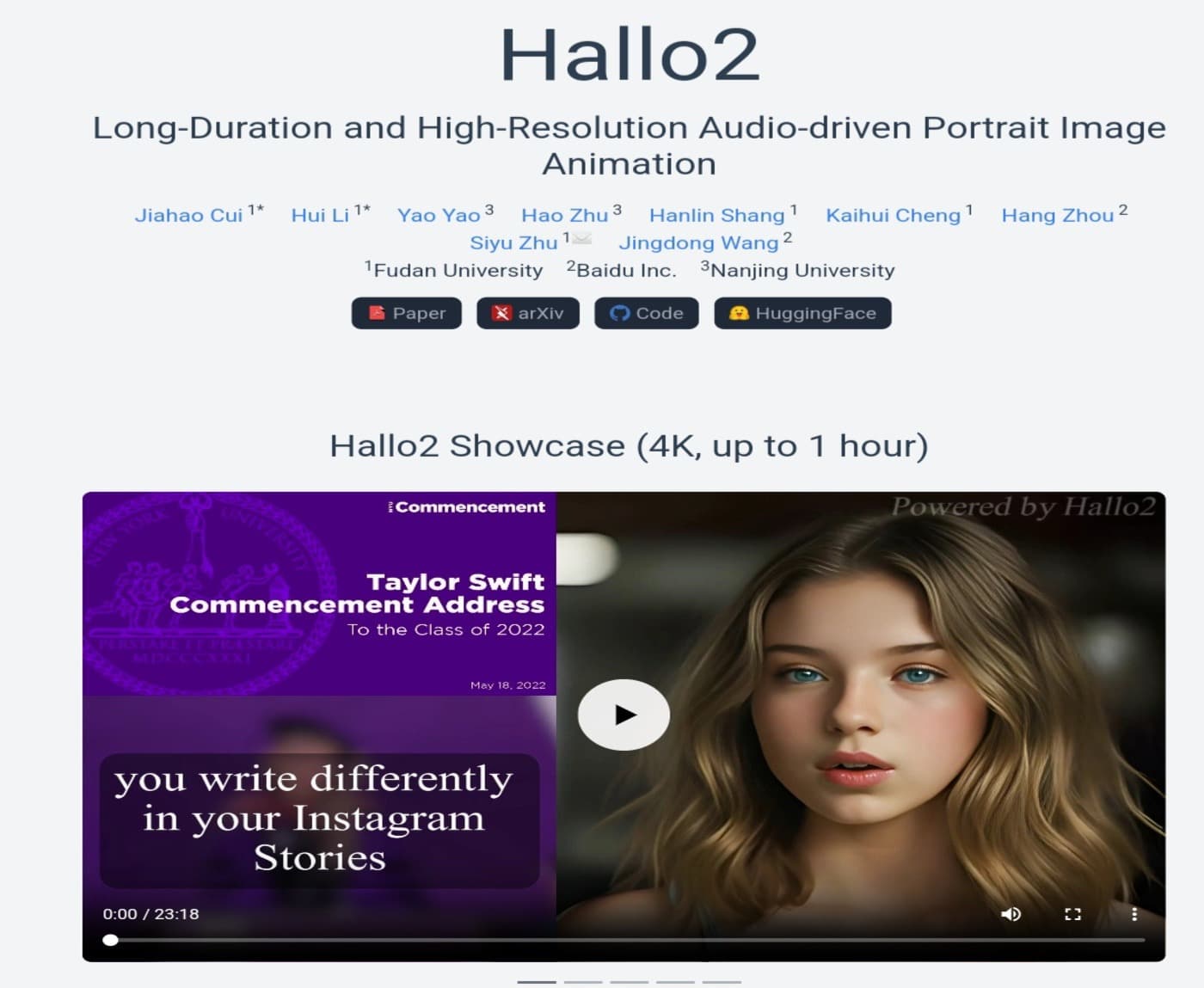Hallo 2: تحريك صور شخصية بدقة عالية مدفوع بالصوت عرض لقدرات Hallo 2 في توليد رسوم متحركة لصور شخصية بدقة 4K لمدة طويلة من خلال الصوت.
