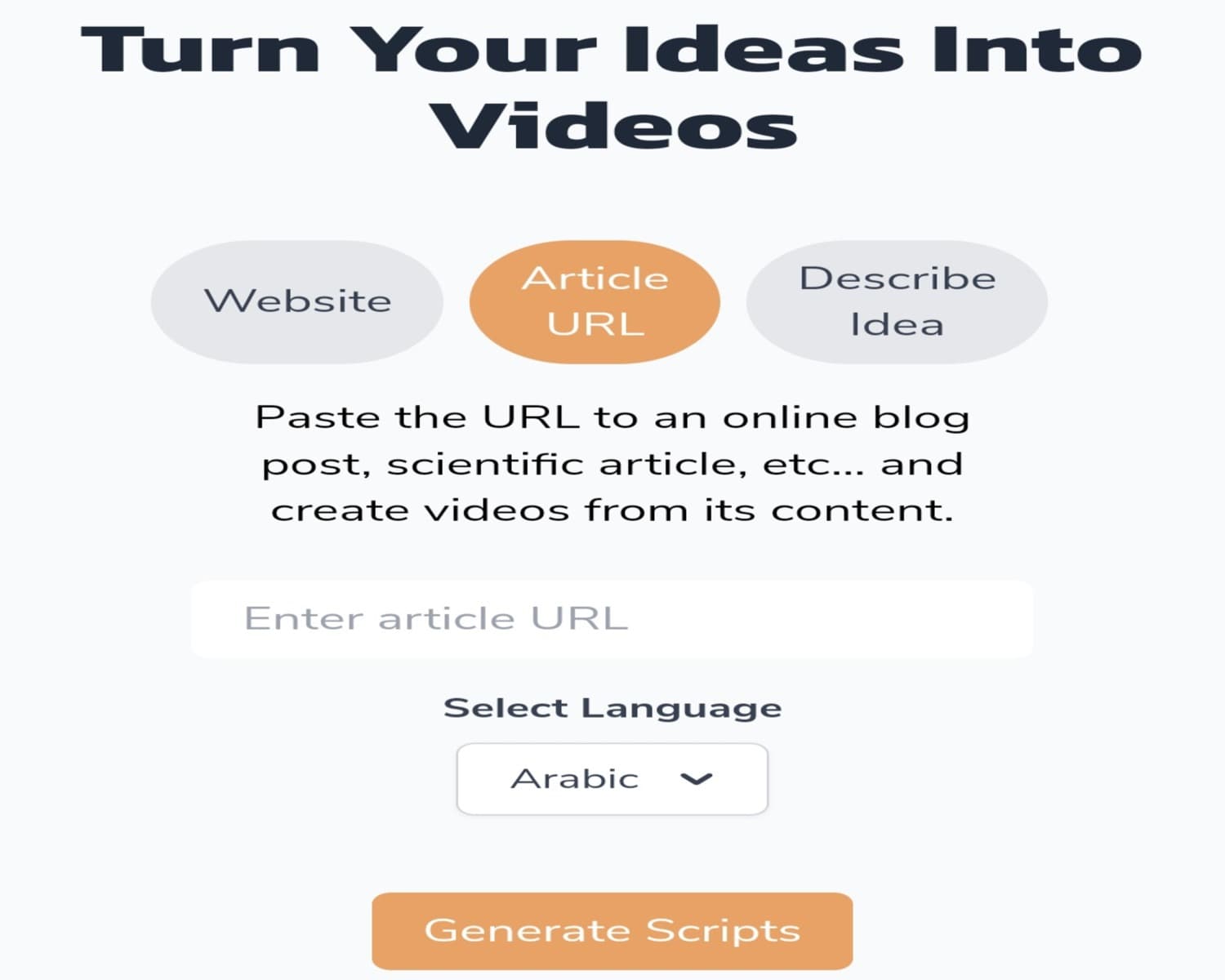 Video creation options using Flarecut Options for converting a website URL, post, or text into videos in Arabic using Flarecut