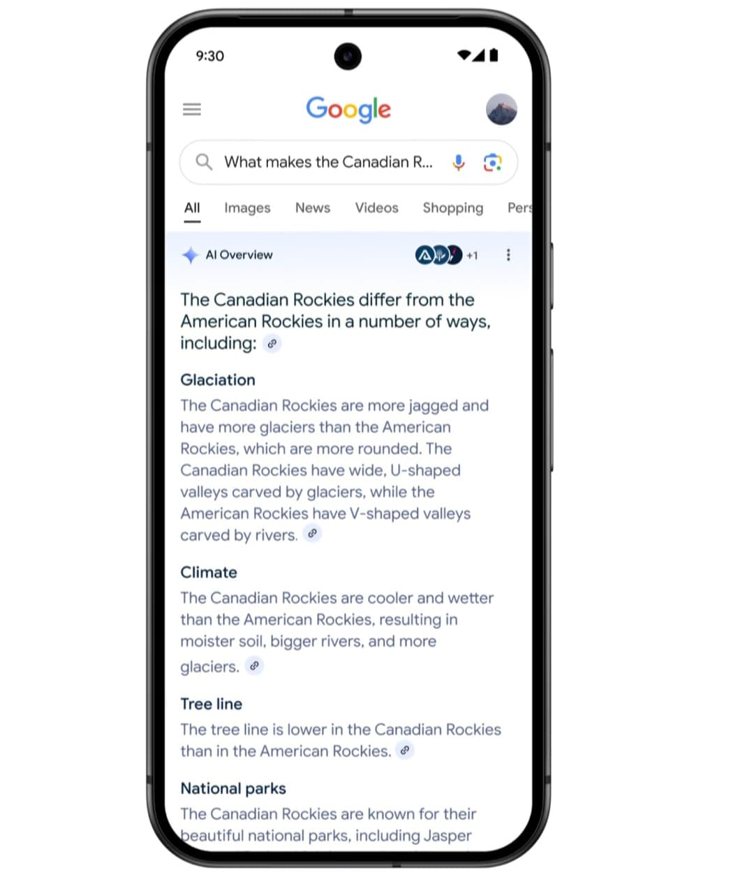 البحث باستخدام Google AI Overviews مثال على البحث بالذكاء الاصطناعي باستخدام AI Overviews من جوجل