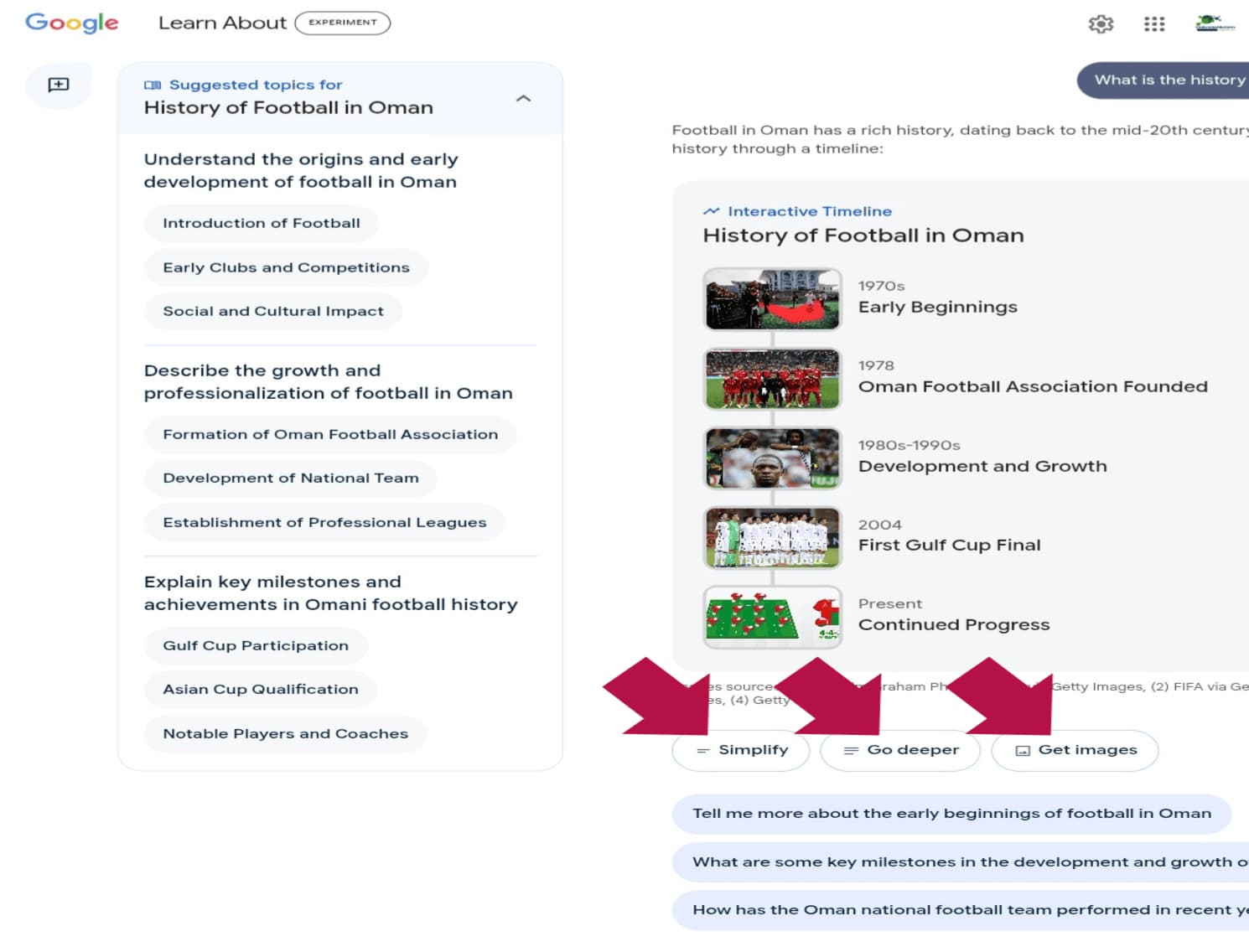 Learn about - sport question طريقة عرض الإجابة داخل ميزة "Learn About"، من خلال سؤال رياضي تم طرحه