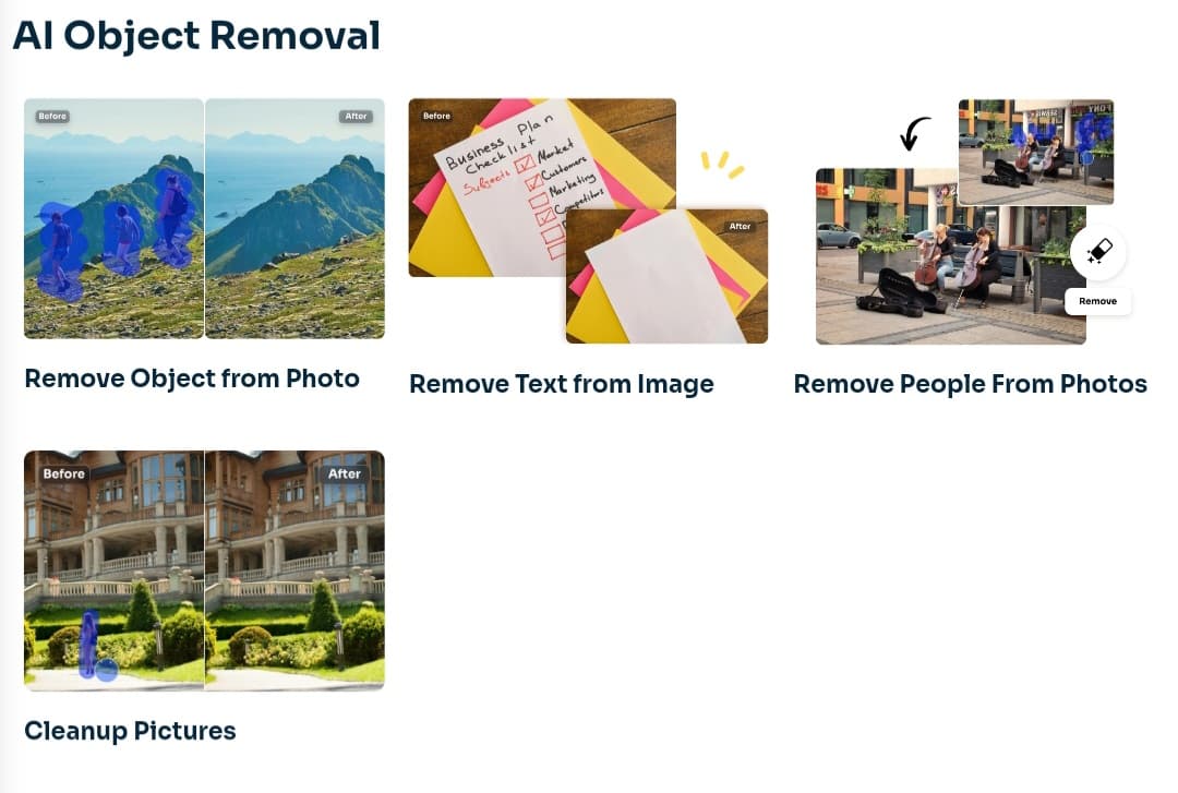 Remove watermarks, text, and unwanted objects from photos.