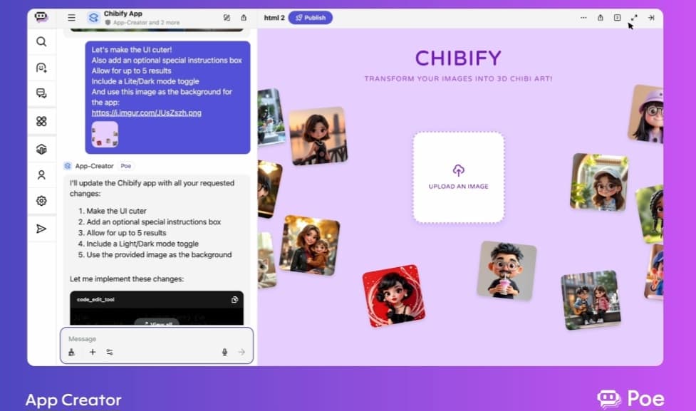 تصميم واجهة تطبيق باستخدام Poe APP Creator عرض توضيحي لإنشاء تطبيق Chibify: إدخال طلبات تصميم الواجهة، مع صورة لتكون خلفية.