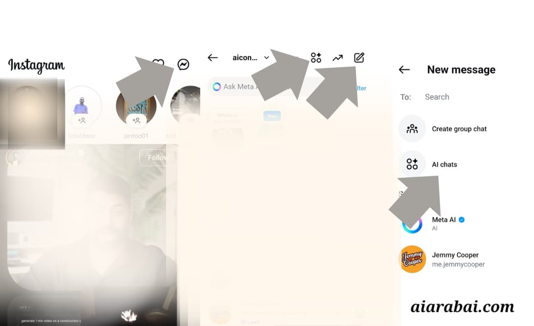 خطوات الوصول إلى دردشة الذكاء الاصطناعي "AI Chat" لإنشاء المساعد الذكي المخصص خطوات الوصول إلى دردشة الذكاء الاصطناعي "AI Chat" لإنشاء المساعد الذكي المخصص في Instagram