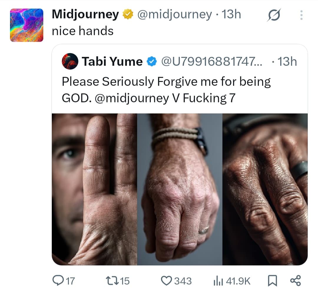 دقة توليد تفاصيل الأيدي في Midjourney V7 لقطة شاشة من منصة X تُظهر ثلاث صور لأيدي بشرية بتفاصيل واقعية تم إنشاؤها بواسطة الذكاء الاصطناعي Midjourney V7