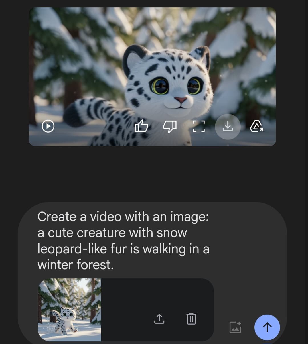 أساسي: مثال على فيديو مولّد بواسطة Google Veo: مخلوق لطيف شبيه بنمر الثلج مثال لناتج أداة Veo-2 في Google AI Studio يظهر فيديو لمخلوق ثلجي والأمر النصي الذي تم استخدامه لتوليده مجانًا.
