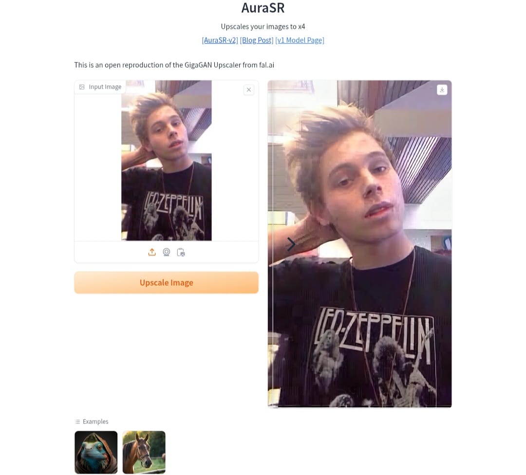 نتائج استخدام أداة AuraSR لرفع جودة و دقة أحد الصور باستخدام تقنيات الذكاء الاصطناعي، تظهر الصورة قبل وبعد التحسين