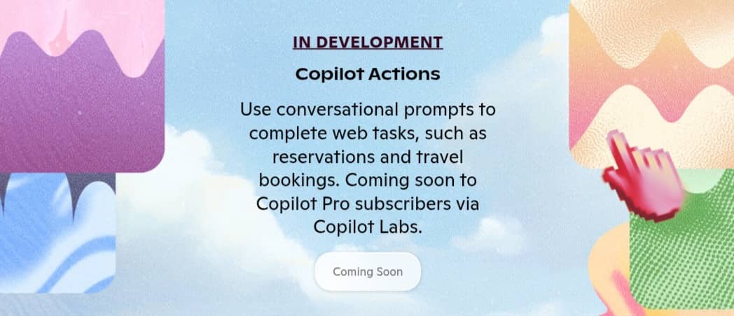 بانر إعلان شركة مايكروسوفت عن قرب إطلاق ميزة "Actions" داخل تبويب labs في Copilot