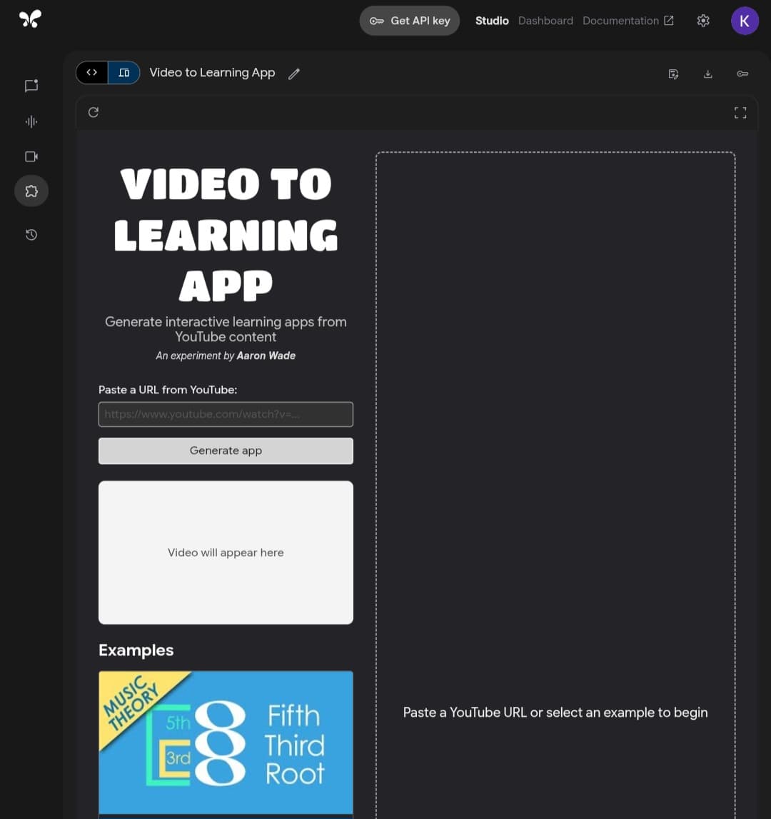 لقطة شاشة لواجهة Google AI Studio تعرض أداة "Video to Learning App" لتحويل فيديوهات يوتيوب إلى تطبيقات تعليمية تفاعلية.