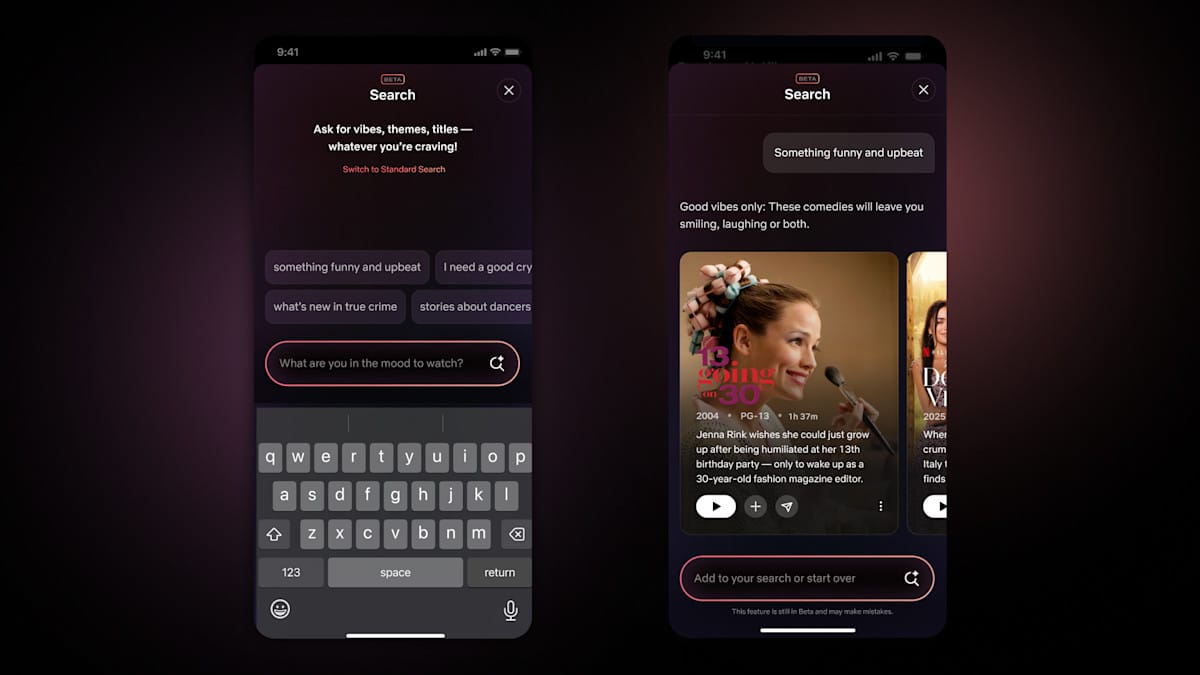 واجهة ميزة البحث بالذكاء الاصطناعي في Netflix على هواتف ios، مع مثال توضيحي
