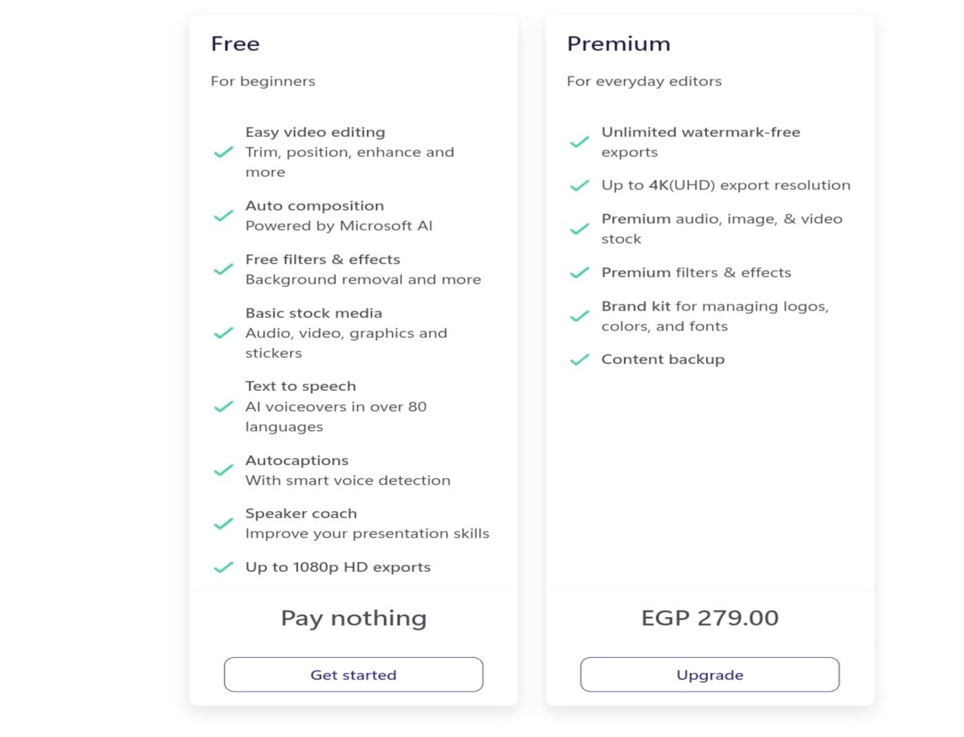 Features of the Plans in Clipchamp Screenshot of the features of the Free Plan on the Clipchamp platform