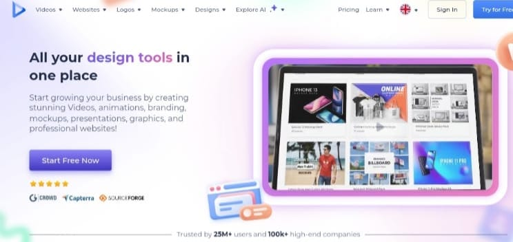 واجهة منصة Renderforest، تبرز عنوان جميع أدوات التصميم في مكان واحد مع زر بدء الاستخدام المجاني.