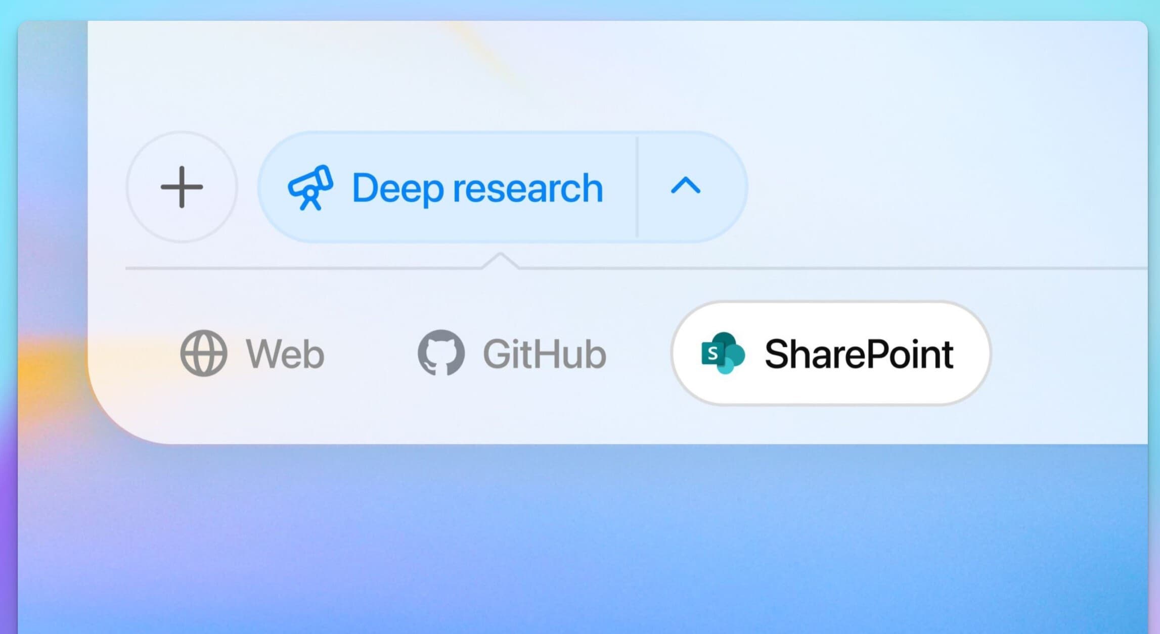 واجهة اختيار SharePoint في خاصية البحث العميق لـ ChatGPT لقطة شاشة لواجهة مستخدم ChatGPT تظهر خيار 'البحث العميق' مع تحديد SharePoint كمصدر للبحث، إلى جانب خيارات Web و GitHub.