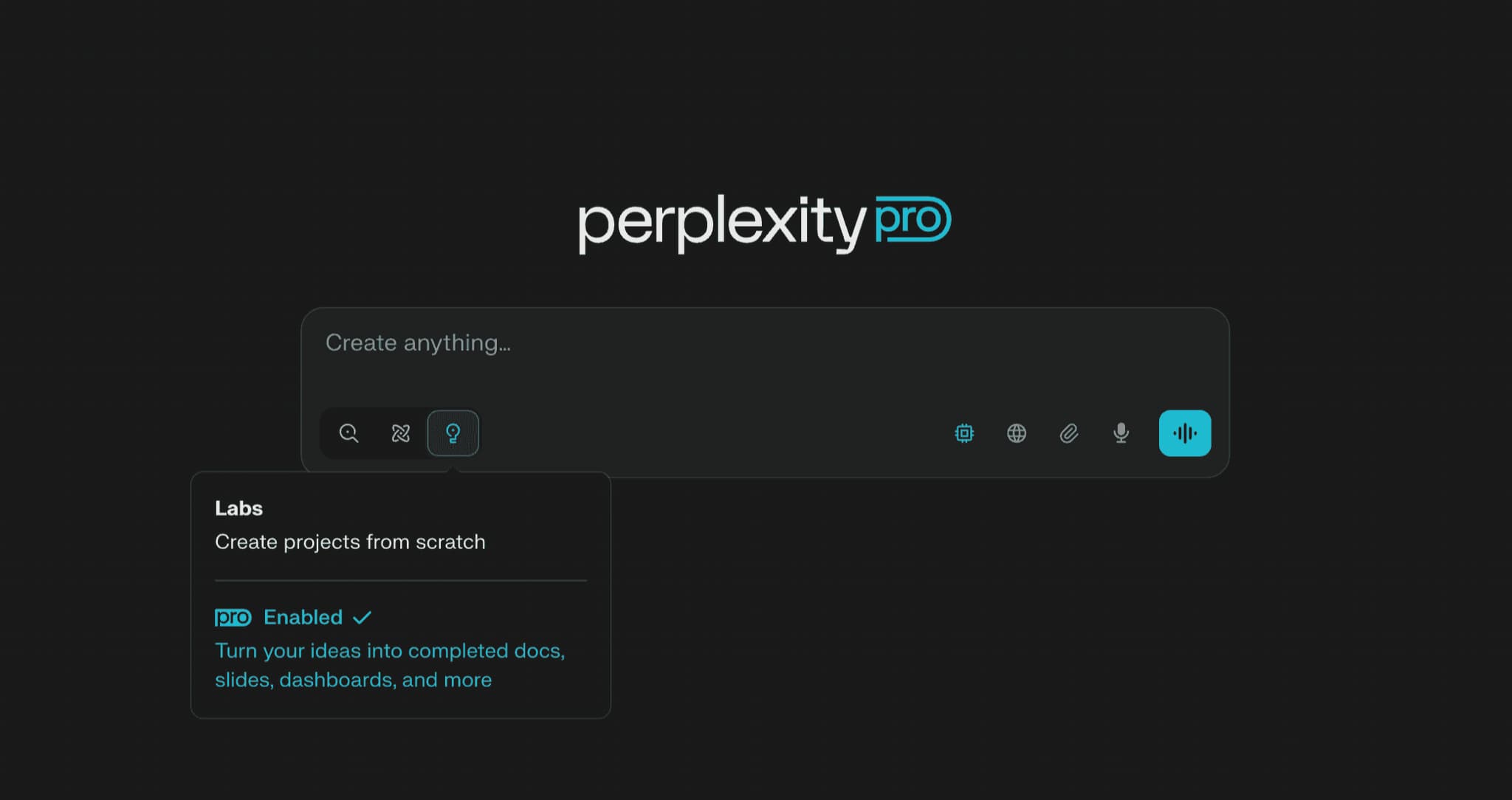 لقطة شاشة لواجهة منصة Perplexity Pro، تُظهر مربع بحث رئيسي وخيار "Labs" الذي يسمح بإنشاء مشاريع من الصفر وتحويل الأفكار إلى مستندات، عروض تقديمية، ولوحات تحكم تفاعلية.