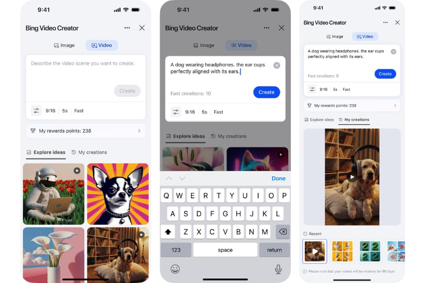 ثلاث صور توضح خطوات عملية تصميم فيديو داخل تطبيق Bing