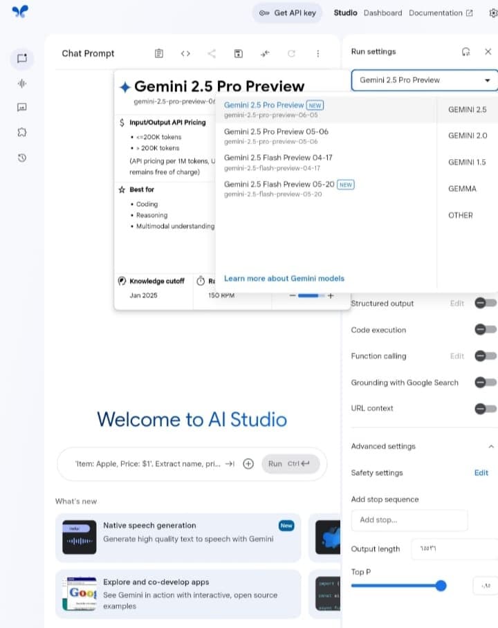 واجهة النسخة Gemini 2.5 Pro Preview 06-05 على منصة Google AI Studio. يظهر بالأعلى مربع اختيار الإصدار.