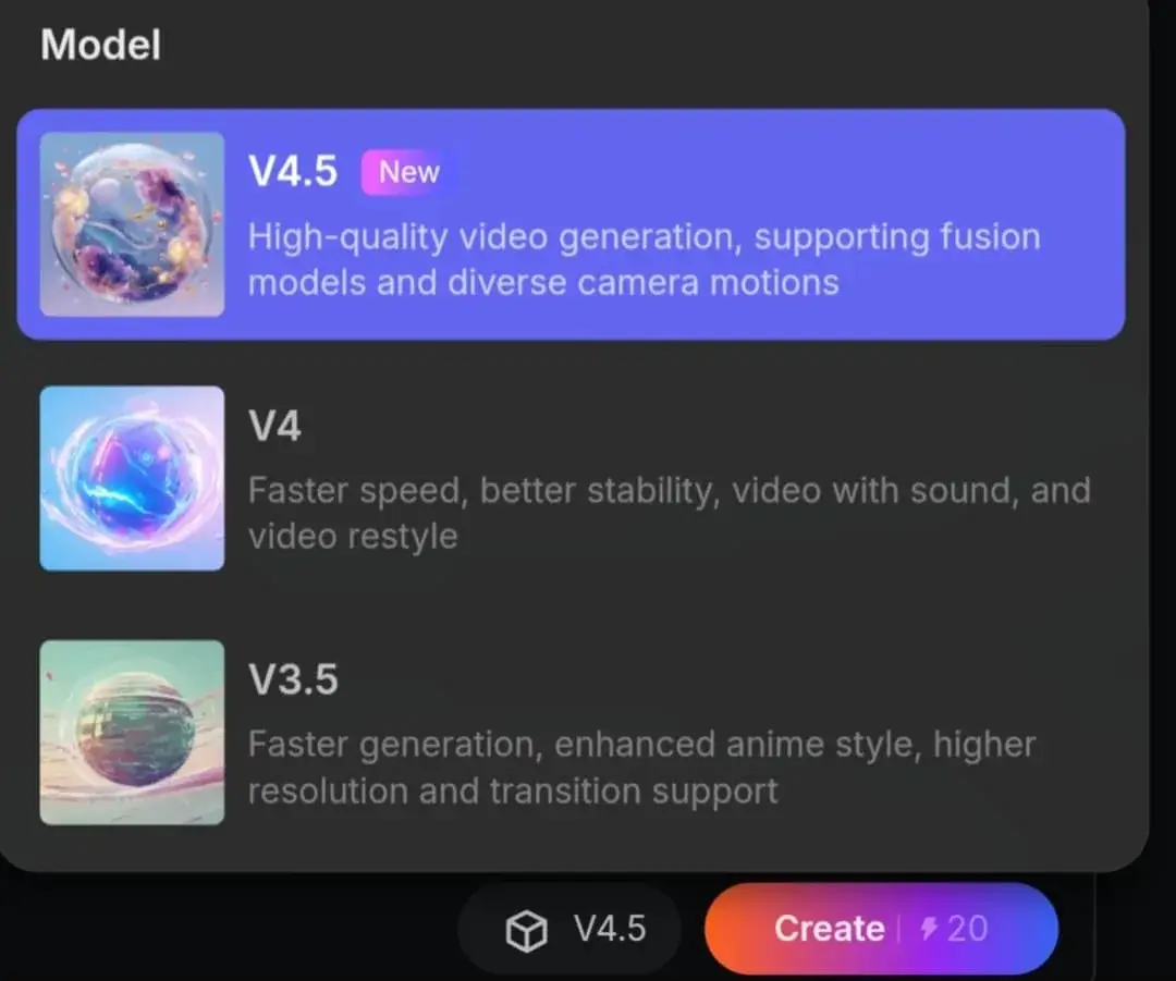 PixVerse tool interface with V3.5, V4, and V4.5 model options for AI text-to-image and image-to-video conversion.
