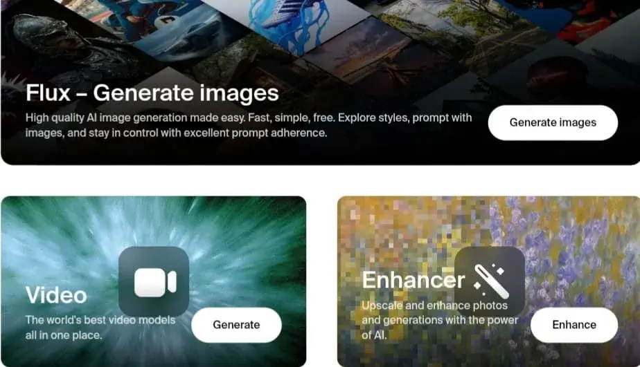 Image and Video Tools at Krea AI Krea AI Interface Screenshot: Flux Image Generation, Video Tool, and Image Enhancer & Upscaler.
