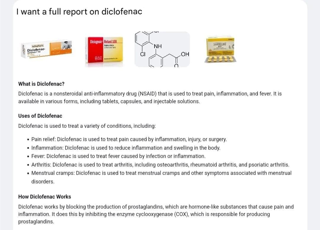 Example of using the free Bagoodex.io search engine for a query about the drug Diclofenac.