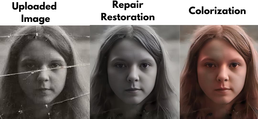 Photo restoration and colorization on the aiconvert.online platform Restoring and colorizing a girl's photo for free with AI using the aiconvert.online platform.