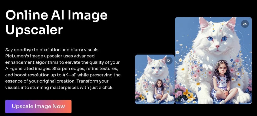 Online AI Image Upscaler by PicLumen A before-and-after comparison from PicLumen's AI Image Upscaler, showing an enhanced, high-resolution image of a giant white cat and a girl next to the blurry original.