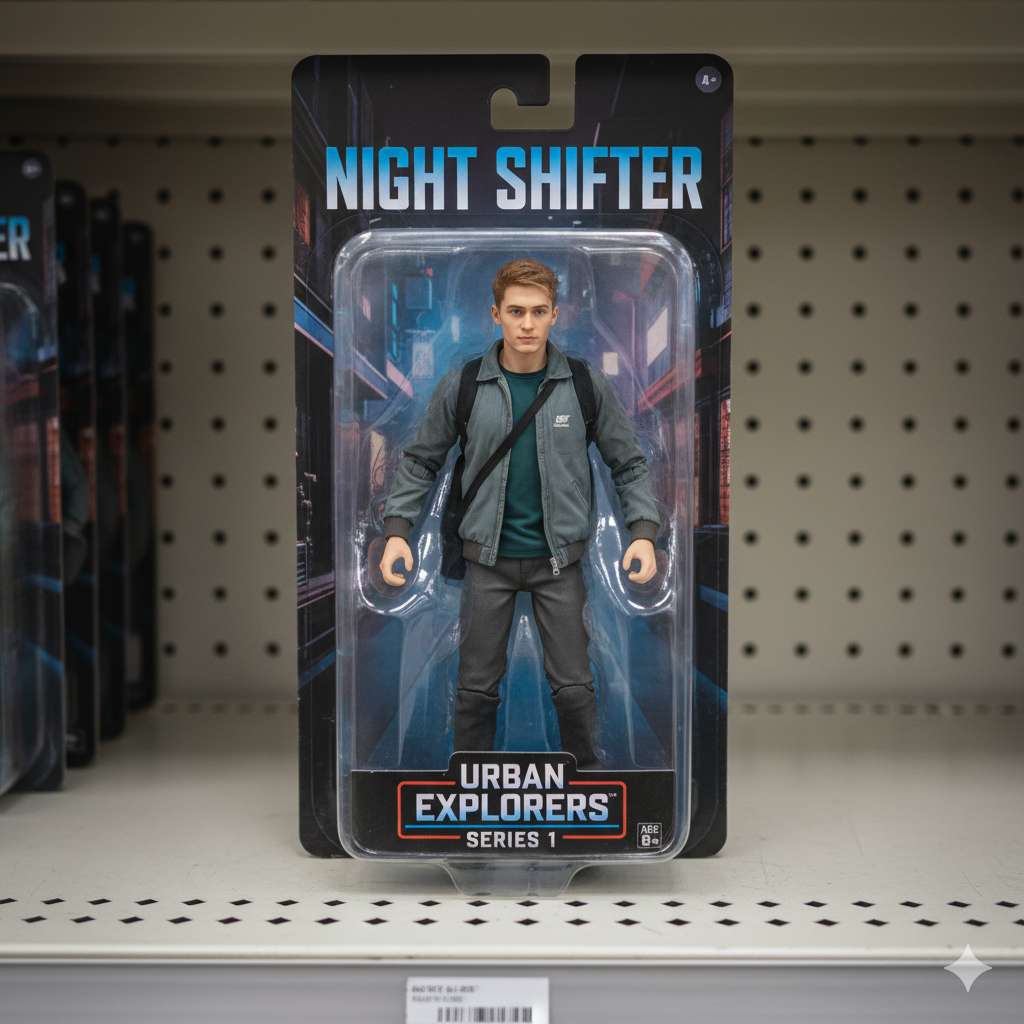 نتيجة برومبت نانو بنانا: مجسم لعبة أكشن واقعي لشاب داخل عبوته التي تحمل اسم "Night Shifter"، معروضة للبيع على رف متجر