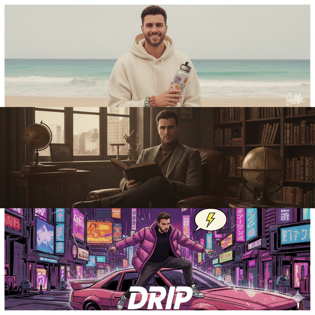 صورة مقسمة لثلاثة أجزاء تعرض نفس الرجل بأنماط مختلفة: في الأعلى، رجل يبتسم على الشاطئ بأسلوب واقعي. في المنتصف، رجل في مكتبة كلاسيكية. في الأسفل، نفس الرجل بأسلوب رسوم متحركة في مدينة مضاءة بالنيون لتوضيح الإمكانيات الإبداعية لأوامر نانو بنانا.