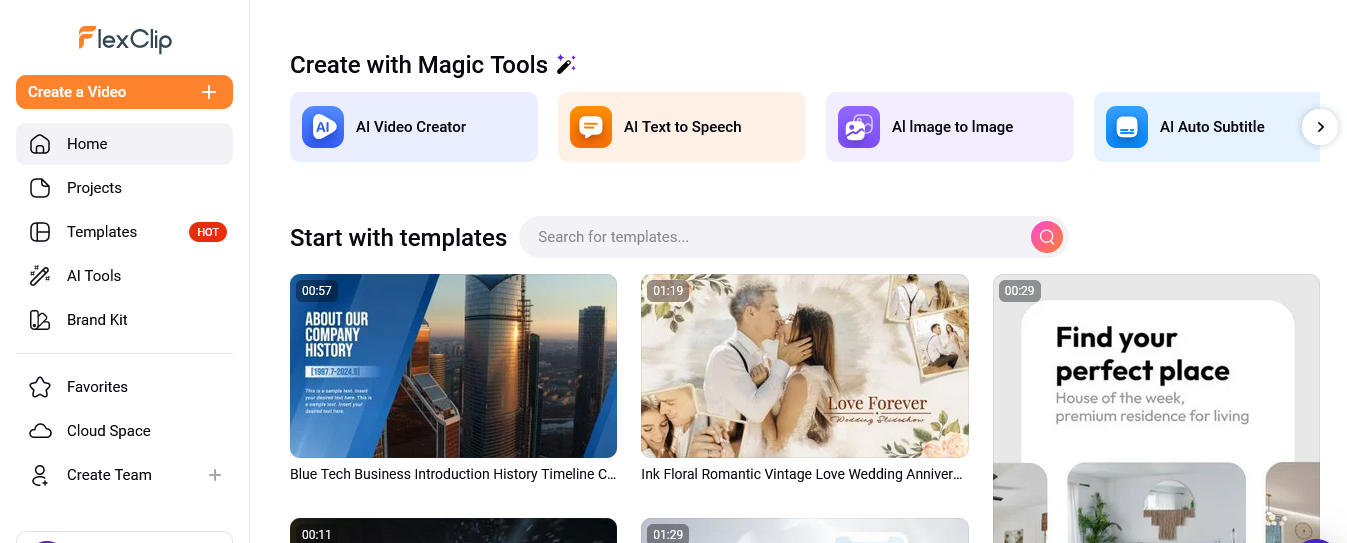 لقطة شاشة لواجهة تحكم FlexClip، تظهر القائمة الجانبية للتنقل على اليسار، وقسم 'أنشئ باستخدام الأدوات السحرية' في الأعلى الذي يعرض أدوات مثل 'منشئ الفيديو بالذكاء الاصطناعي'، بالإضافة إلى معرض لقوالب الفيديو المتنوعة.
