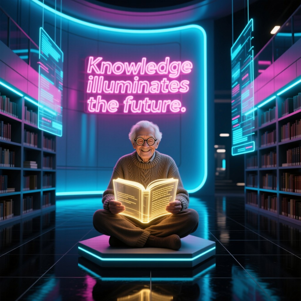 An elderly librarian with glasses sits cross-legged on a platform in a futuristic library, smiling as he reads a glowing holographic book. A neon sign above says 'Knowledge illuminates the future.'