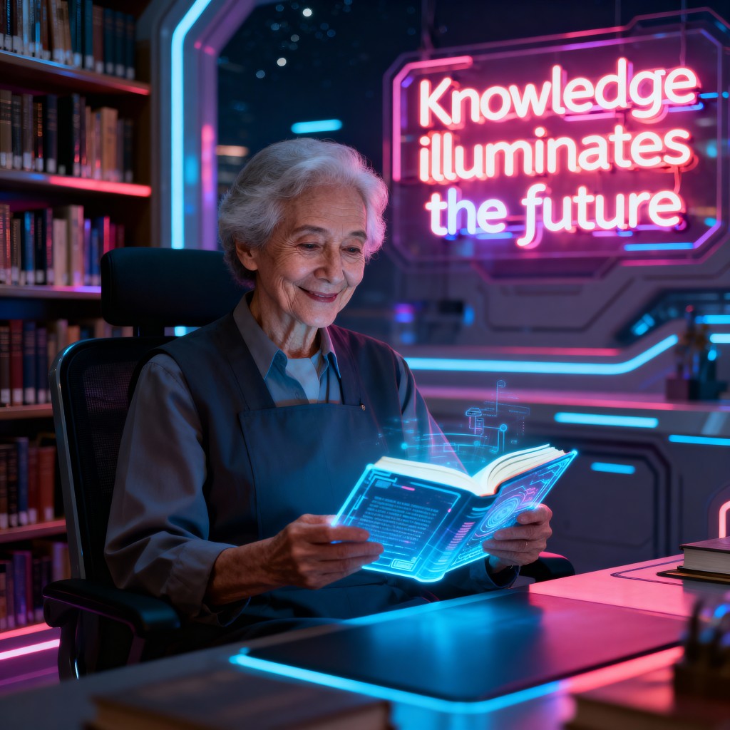 An elderly female librarian smiles while reading a holographic book at a desk in a futuristic library with neon and city lights in the background.