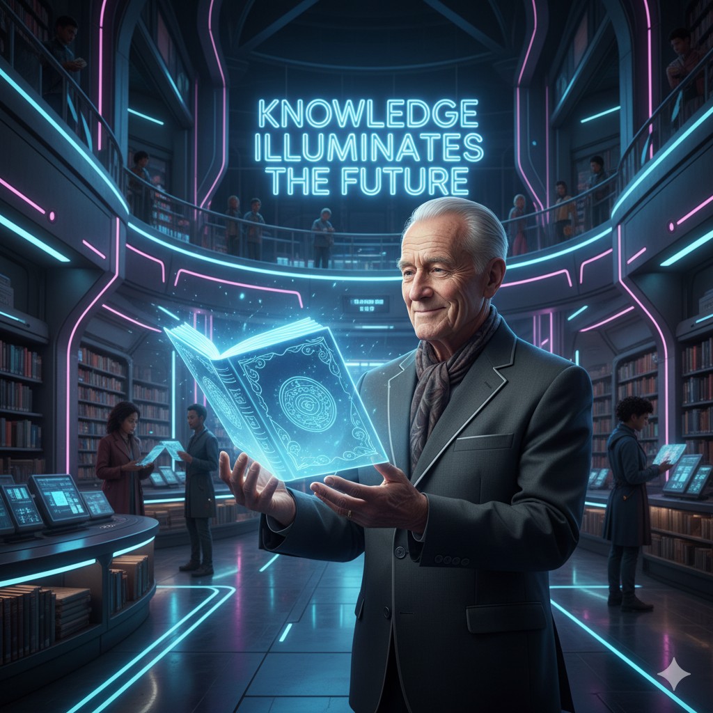 An elderly man in a suit stands in a grand, multi-level futuristic library, holding a glowing holographic book. A large neon sign is visible in the background.