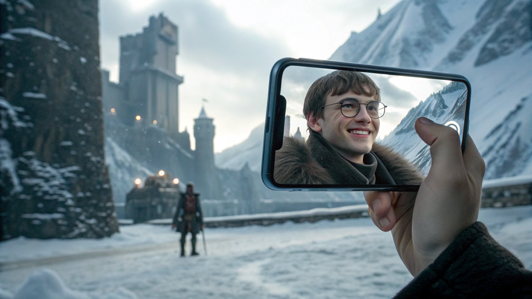 An image illustrating the creative power of Gemini AI, showing a hand holding a smartphone with a normal selfie, while the background is transformed into an epic fantasy world featuring the same person, demonstrating how a simple photo can become a cinematic scene.