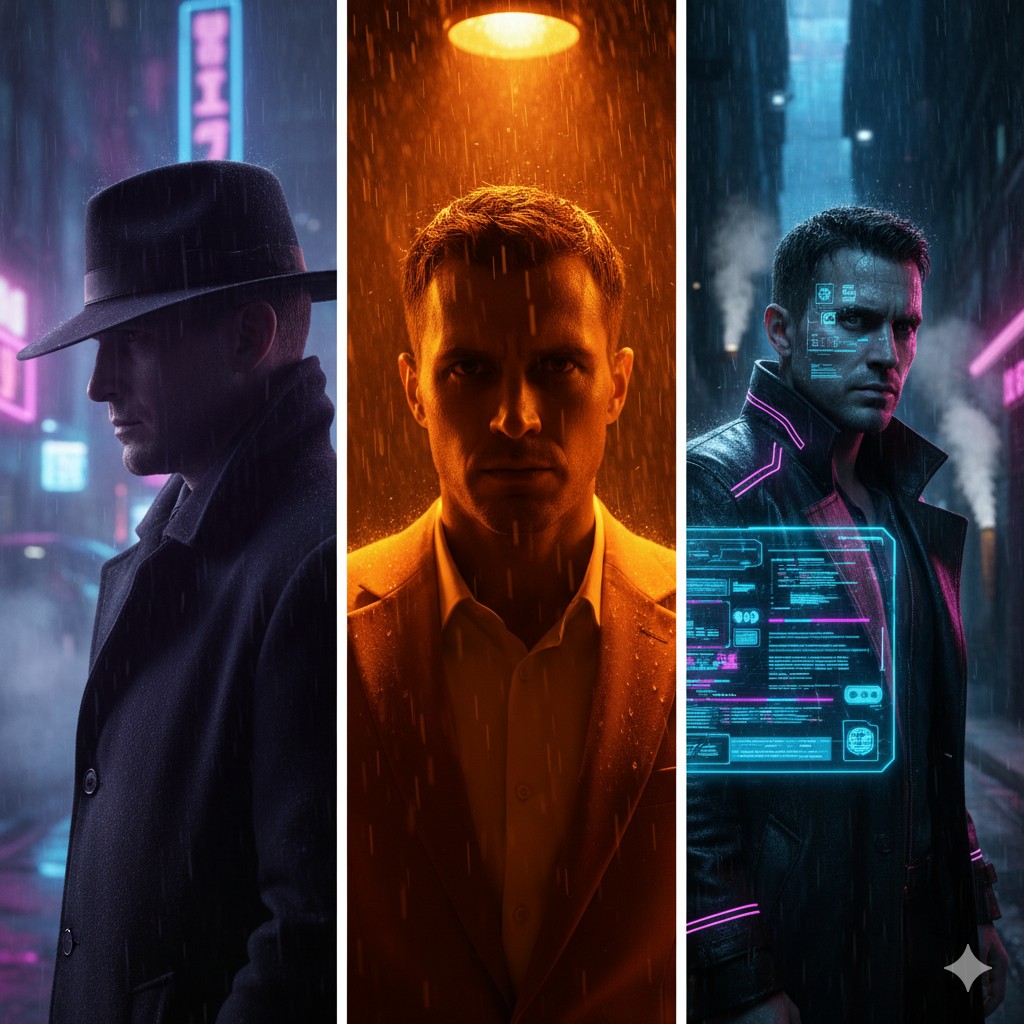 صورة مقسمة لثلاثة أجزاء تعرض ثلاثة أنماط سينمائية درامية تم إنشاؤها بأوامر Gemini. الجزء الأيسر يظهر رجلاً بقبعة بأسلوب نيون نوار، الجزء الأوسط لقطة مقربة تحت ضوء برتقالي والمطر، والجزء الأيمن يصوره كشخصية سايبربانك مع واجهة رقمية.