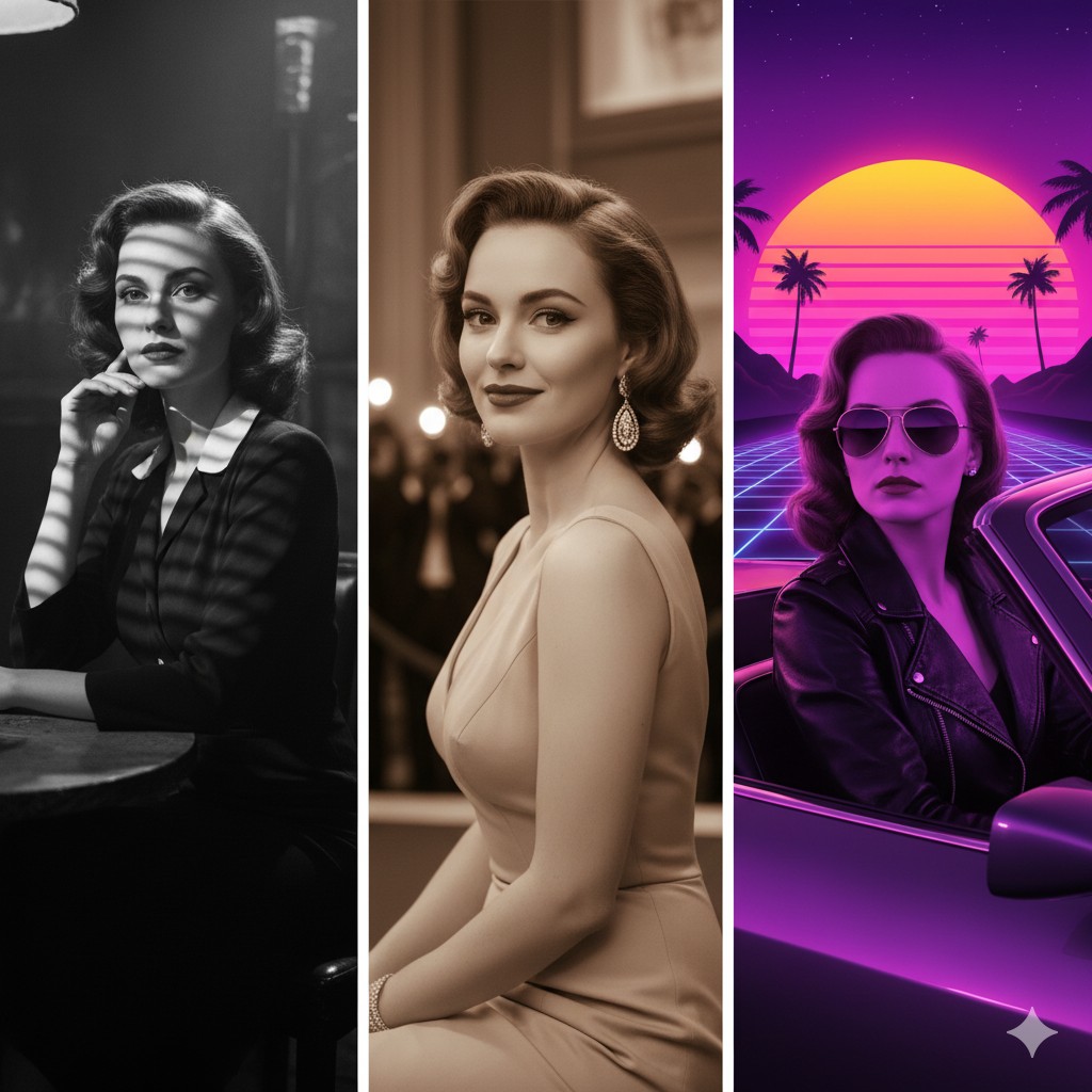 صورة مقسمة لثلاثة أجزاء تعرض ثلاثة أنماط سينمائية كلاسيكية تم إنشاؤها بأوامر Gemini. الجزء الأيسر يظهر امرأة بأسلوب الفيلم نوار بالأبيض والأسود، الجزء الأوسط يصورها كنجمة هوليوود من الخمسينيات بألوان السيبيا، والجزء الأيمن يظهرها بأسلوب سينثويف الثمانينيات المفعم بالألوان وهي تقود سيارة مكشوفة.