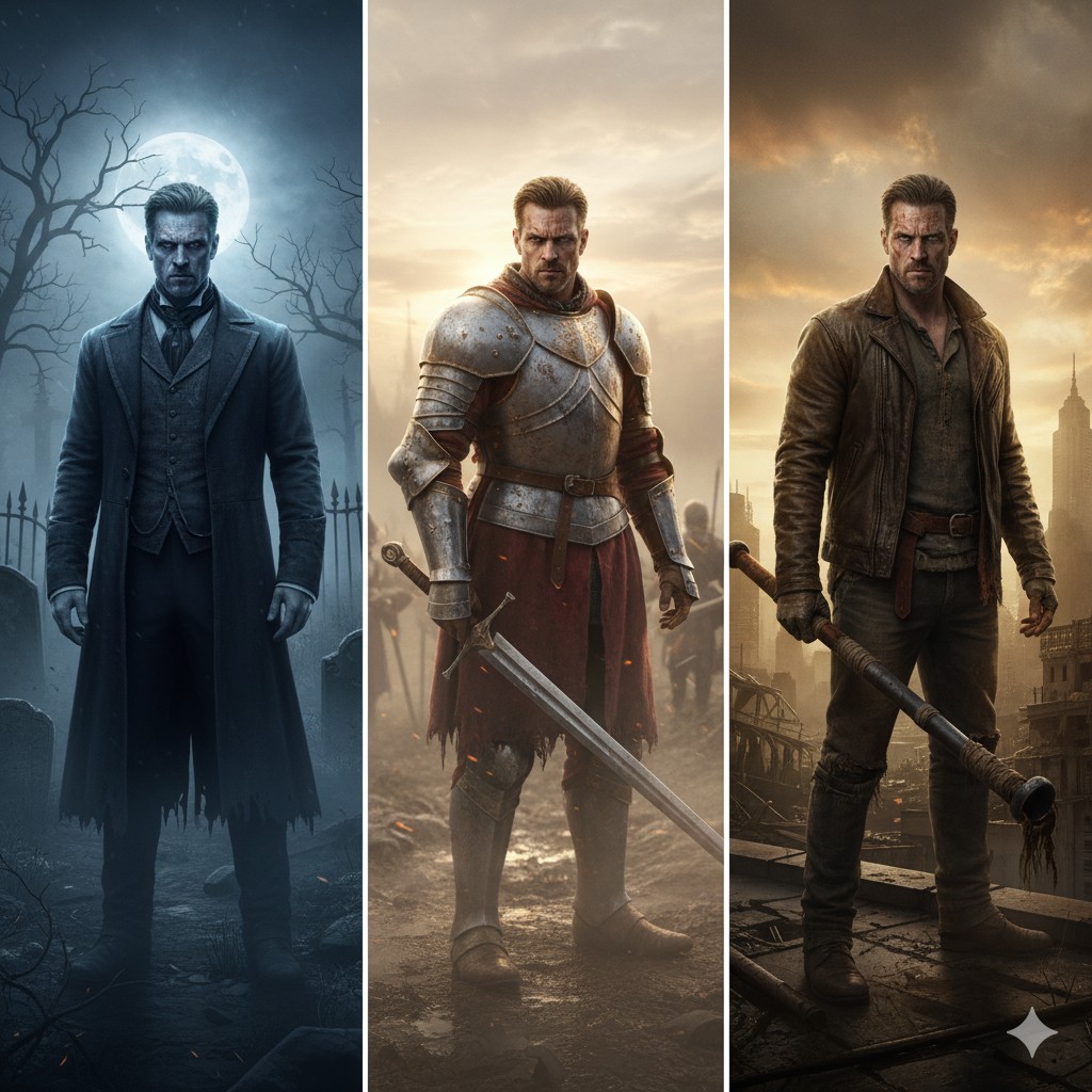 صورة مقسمة لثلاثة أجزاء تعرض ثلاثة أنماط سينمائية خيالية وملحمية تم إنشاؤها بأوامر Gemini. الجزء الأيسر يظهر رجلاً كشبح قوطي في مقبرة يضيئها القمر، الجزء الأوسط يصوره كفارس من العصور الوسطى يرتدي درعًا في ساحة معركة، والجزء الأيمن يظهره كناجٍ من نهاية العالم على سطح مبنى مدمر.