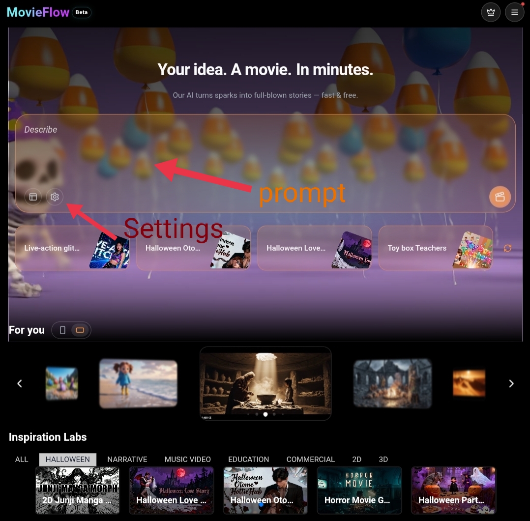 The main user interface of MovieFlow.ai, highlighting the prompt input field for describing a story and the settings icon for video customization.