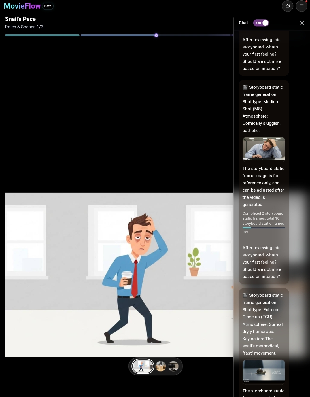 The interactive storyboard workflow interface on MovieFlow.ai, showing the AI Copilot chat generating scene frames with shot type and atmosphere details, while asking for user feedback.