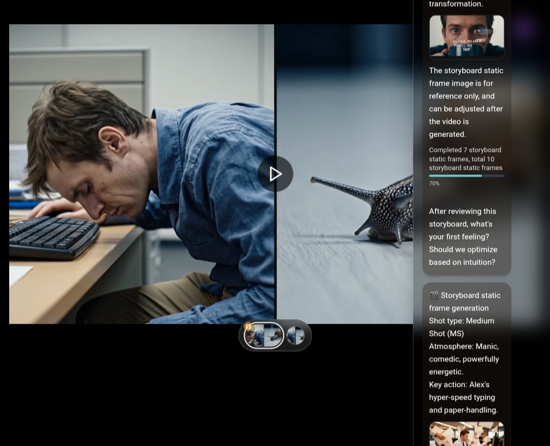 A practical example of video frames generated by MovieFlow.ai, showing a tired employee scene next to a fast snail, based on the coffee commercial text prompt.