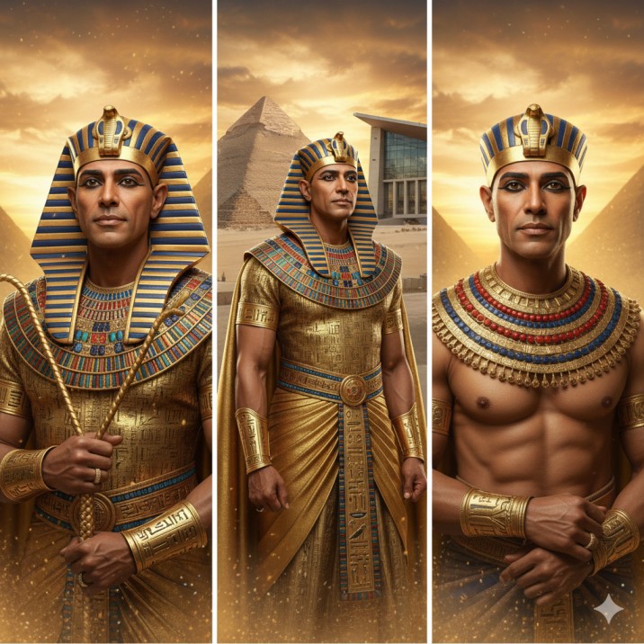 صورة مقسمة لثلاثة أجزاء تعرض الإطلالات الفرعونية الأساسية التي تم إنشاؤها بأوامر Gemini. الجزء الأيسر يظهر صورة مهيبة لملك فرعوني يحمل صولجانًا، الجزء الأوسط لقطة كاملة للجسم أمام المتحف المصري الكبير، والجزء الأيمن صورة أنيقة تركز على عقد عريض ومفصل.