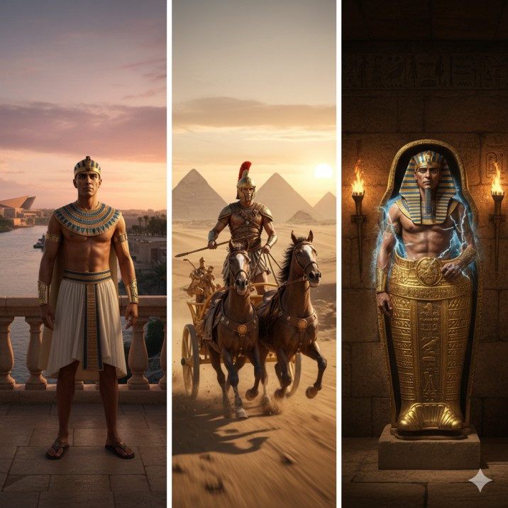 صورة مقسمة لثلاثة أجزاء تعرض الإطلالات الفرعونية الأساسية التي تم إنشاؤها بأوامر Gemini. الجزء الأيسر يظهر صورة مهيبة لملك فرعوني يحمل صولجانًا، الجزء الأوسط لقطة كاملة للجسم أمام المتحف المصري الكبير، والجزء الأيمن صورة أنيقة تركز على عقد عريض ومفصل.