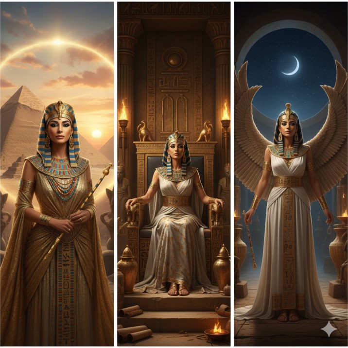 صورة مقسمة لثلاثة أجزاء تعرض إطلالات ملكية مصرية للسيدات. الجزء الأيسر يظهر ملكة بفستان ذهبي عند الأهرامات وقت الغروب، الجزء الأوسط يصورها جالسة على عرش مهيب، والجزء الأيمن يظهرها كتجسيد للإلهة إيزيس بأجنحة في معبد غامض ليلاً.