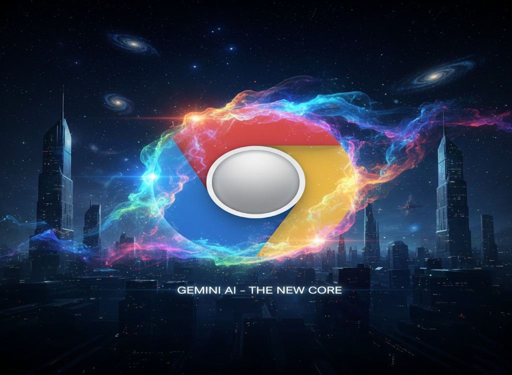 شعار جوجل كروم محاط بسديم كوني ملون فوق منظر مدينة مستقبلية، مع نص "GEMINI AI - THE NEW CORE
