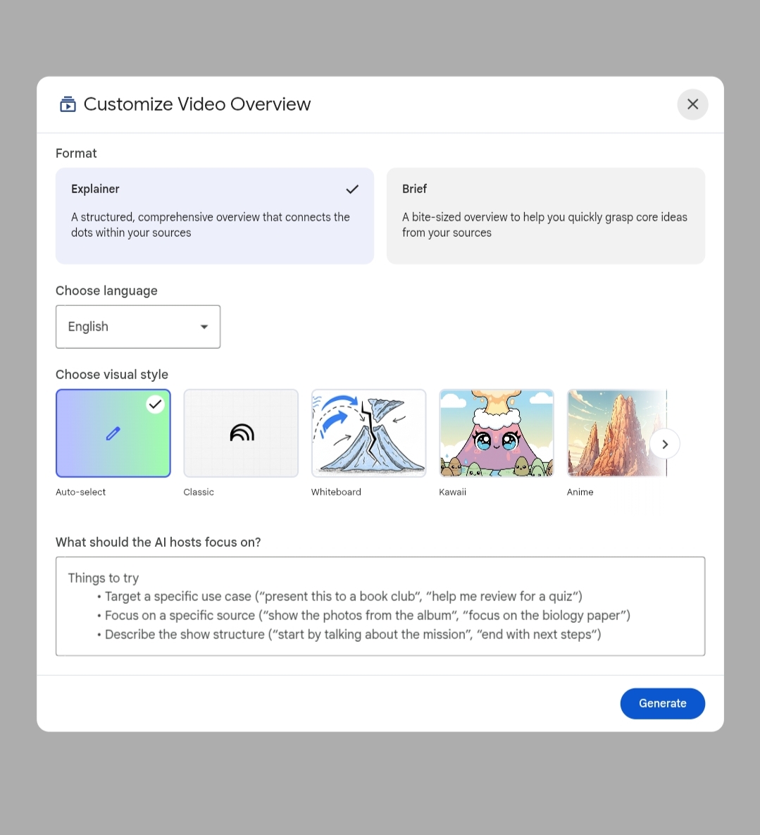 لوحة "تخصيص فيديو أوفرفيو" في NotebookLM، والتي تعرض خيارات للاختيار بين صيغة Explainer وصيغة Brief، وتحديد الأنماط المرئية مثل السبورة البيضاء والأنمي، ومربع لإضافة توجيهات مخصصة.