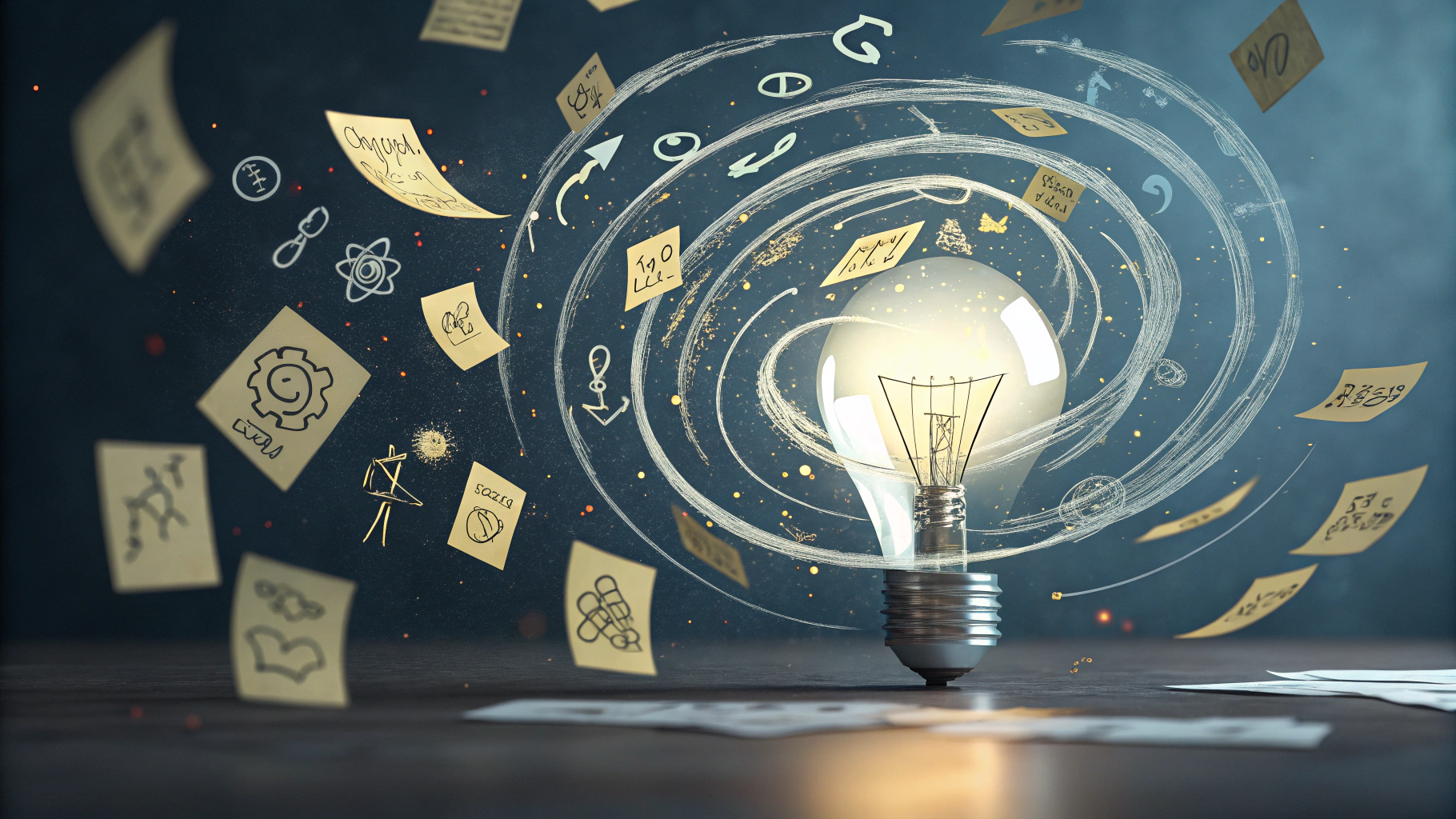 مصباح متوهج يمثل توليد الأفكار، مع ملاحظات لاصقة ورسومات للعصف الذهني تدور حوله بشكل ديناميكي.