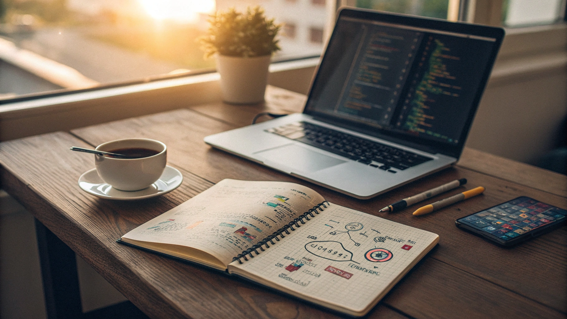 مساحة عمل إبداعية تحت شمس الصباح، بها حاسوب محمول يعرض أكوادًا برمجية، ودفتر ملاحظات مليء بالخرائط الذهنية والرسومات، وفنجان قهوة، وهاتف