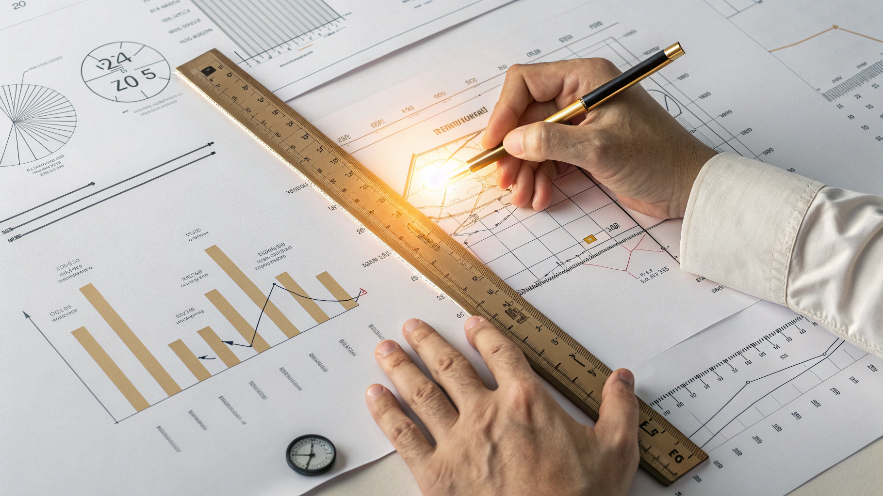 يد شخص محترف تستخدم مسطرة وقلمًا لرسم خط متوهج على مخطط نمو الأعمال، مما يرمز إلى استراتيجية واضحة للتطوير الشخصي والمهني.