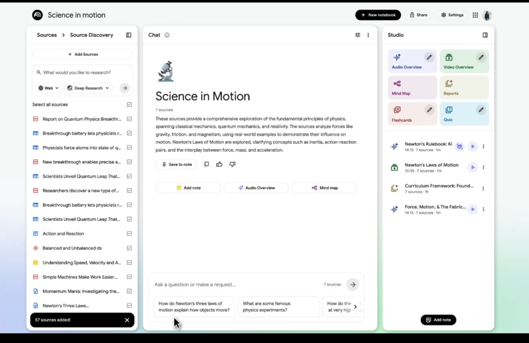 لقطة شاشة لواجهة استخدام أداة NotebookLM من جوجل، تعرض ميزة "البحث العميق" (Deep Research). يقوم المستخدم ببحث لمشروع بعنوان "العلوم في الحركة"، حيث تظهر المصادر في اللوحة اليسرى، والمحادثة في المنتصف، وقائمة "الاستوديو" في اليمين التي تحتوي على خيارات مثل الملخص المرئي والخريطة الذهنية.