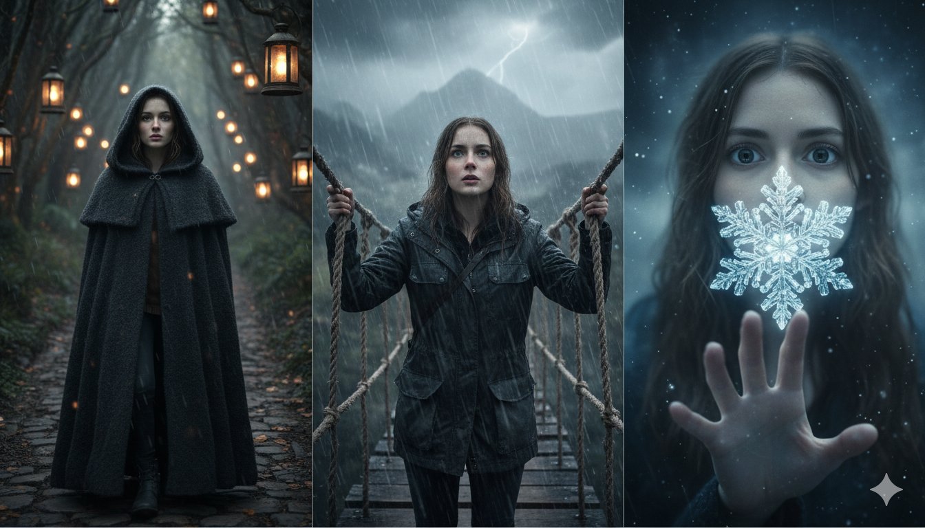 صورة مقسمة لثلاثة أجزاء تعرض امرأة في ثلاثة مشاهد سحرية وخيالية: في اليسار، تسير في ممر غابة مضاء بالفوانيس وهي ترتدي عباءة داكنة؛ في المنتصف، تقف على جسر معلق خلال عاصفة مطرية درامية؛ في اليمين، تتفاعل مع ندفة ثلج بلورية عملاقة ومتوهجة.