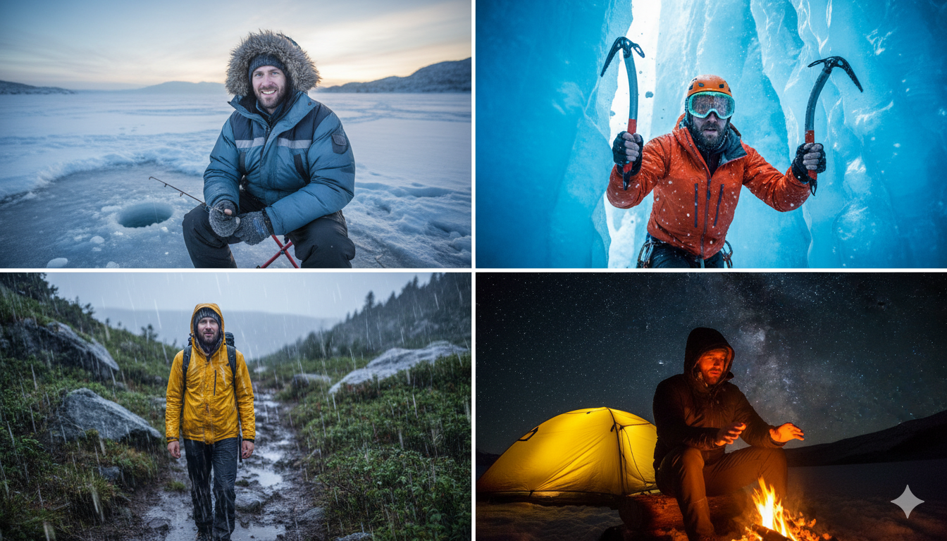 صورة مقسمة لأربعة أجزاء تعرض رجلاً في أربع مغامرات مثيرة في الهواء الطلق: في الأعلى يسارًا، يصطاد على بحيرة متجمدة؛ في الأعلى يمينًا، يتسلق شلالاً متجمدًا؛ في الأسفل يسارًا، يتنزه على درب جبلي موحل تحت المطر الغزير؛ في الأسفل يمينًا، يخيم ليلاً بجوار نار تحت النجوم.